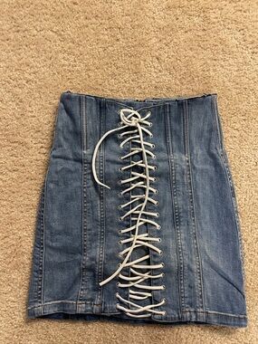 Denim Lace-Up Corset Mini Skirt - Blue